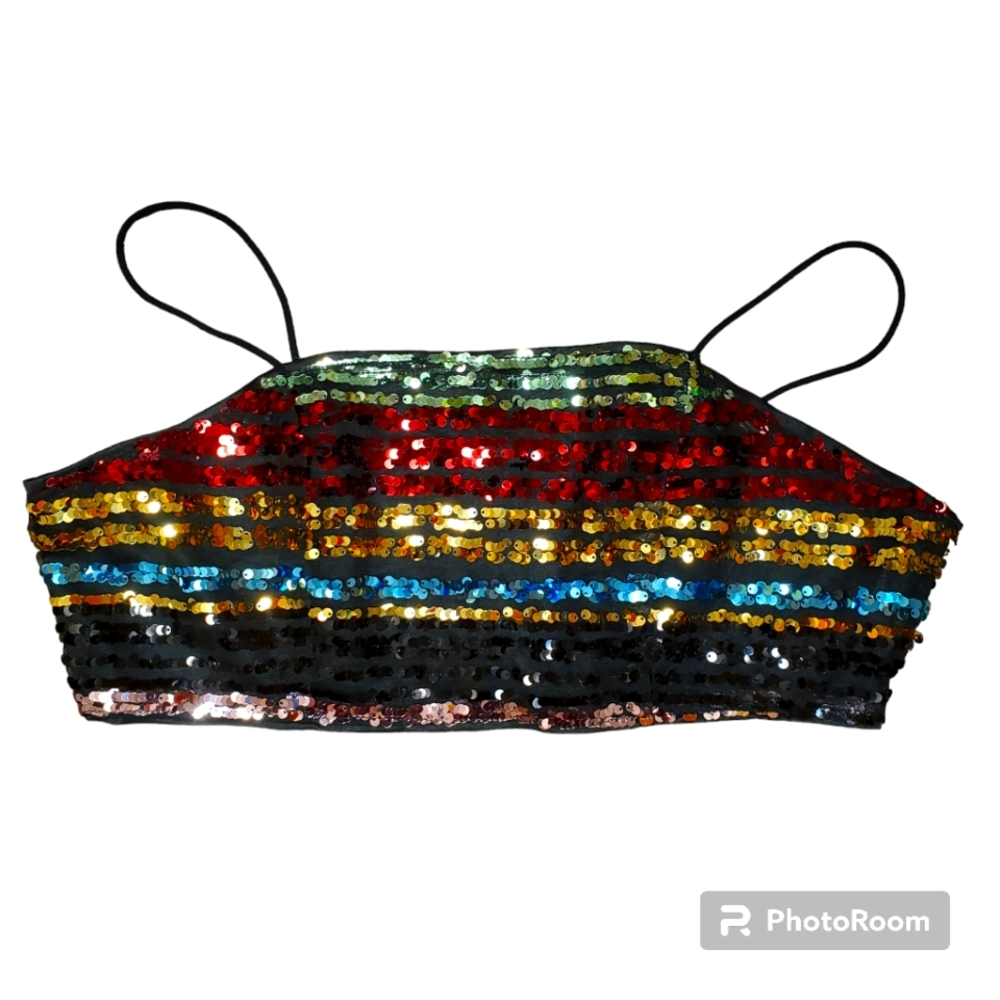 Beautiful Rainbow Sequin Crop Top Spaghetti Strap Top Size XL
